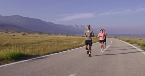 Grupo Multiétnico Atletas Corriendo Juntos Una Carretera Panorámica Del Campo — Vídeo de stock