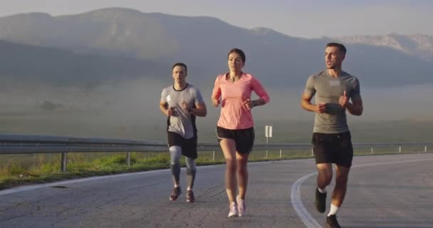 Grupo Multiétnico Atletas Correndo Juntos Uma Estrada Panorâmica Campo Equipe — Vídeo de Stock