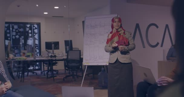 Muzułmanka Nowoczesnym Biurze Współpracowników Otwartej Przestrzeni Prezentująca Prezentację Zespołowi Arabska — Wideo stockowe