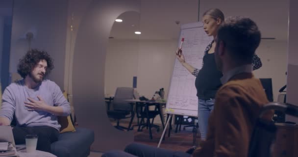 Ciężarna Bizneswoman prowadzi kreatywne spotkanie różnych zespołów biznesowych w nowoczesnym Coworking Open Space Office, niepełnosprawny współpracownik na wózku inwalidzkim uczestniczy w edukacji lub szkoleniu biznesowym — Wideo stockowe