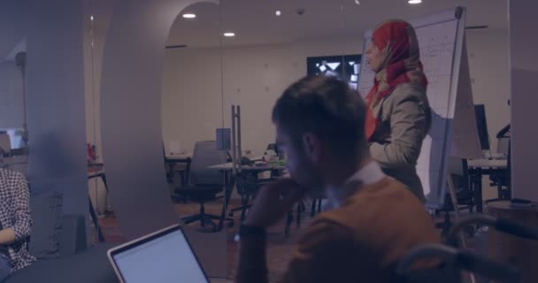現代的なオープンスペースの同僚のオフィスでイスラム教徒の女性がチームにプレゼンテーションを行います 創造的なスタートアップオフィスで中東アラブのビジネス女性 チームミーティングの車椅子の障害者事業者 — ストック動画
