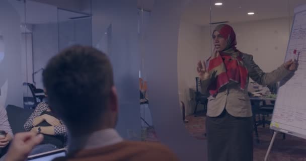 穆斯林妇女在一个现代的开放空间联合工作办公室向团队做了一个演示 中东阿拉伯女商人在创意创业办公室 坐轮椅的残疾商人团队精神 — 图库视频影像