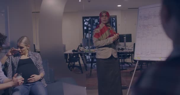 穆斯林妇女在一个现代的开放空间联合工作办公室向团队做了一个演示 中东阿拉伯女商人在创意创业办公室 坐轮椅的残疾商人团队精神 — 图库视频影像