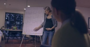 Hamile İş Kadını Modern Çalışma Açık Uzay Ofisi Yaratıcı Toplantısına Öncülük Etti, Tekerlekli sandalye eğitimi ya da iş eğitimine katılan engelli iş arkadaşı