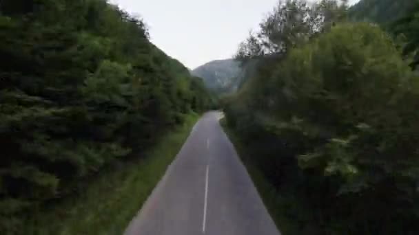 Fliegende fpv Luftaufnahme über einer Landstraße im nebligen Wald im Gebirge. — Stockvideo