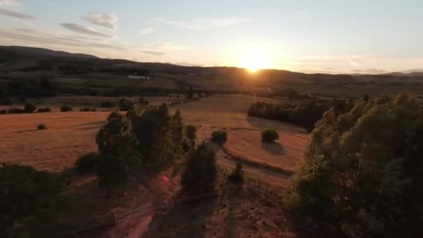Légi mozi lövés nagy sebességű sport fpv drón repül át a természetes hegyi szikla körül Csodálatos természet sziklás terep zöld növényzet naplementekor vagy napkeltekor. — Stock videók