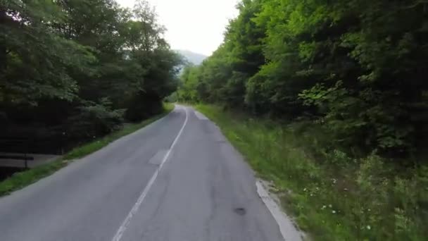 Падіння fpv повітряний швидкий літаючий постріл над сільською дорогою в туманному лісі в горі . — стокове відео