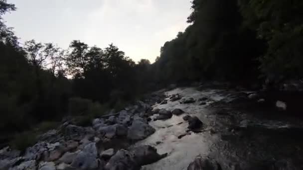 FPV Luchtfoto dynamisch vliegen op natuurlijke landschap rivier canyon in het dichte groene bos en snelle beweging. Schieten vanuit fpv helikopter low-key landschap. — Stockvideo