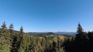 Bu sisli orman sabahında ağaçların tepelerinde son derece yakın uçuş. Fpv spor aracının, dağlık tepe arazili doğa vadisi manzarası üzerindeki görüntüsü. Dinamik sinematik görünüm. 