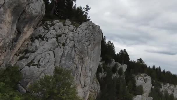 Высокоскоростной спортивный беспилотник fpv, летящий над естественной горной скалой, окруженный скалистой местностью с зеленой растительностью и лесом в облачный день. — стоковое видео
