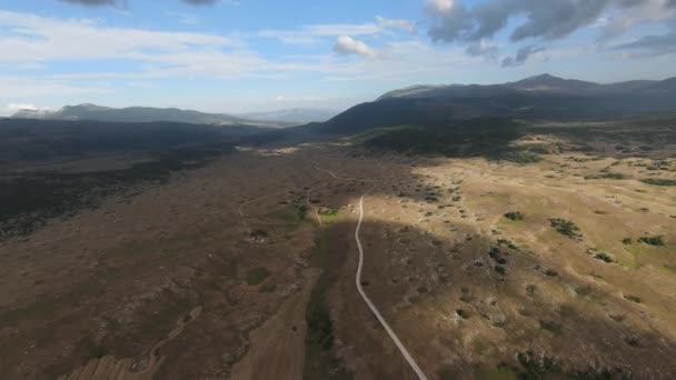 FPV drönare flyger snabbt längs landsvägen på en äng i naturen en solig dag. — Stockvideo