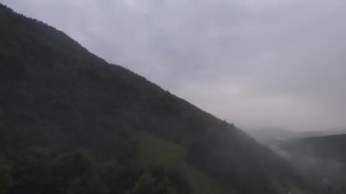 Bu sisli orman sabahında ağaçların tepelerinde son derece yakın uçuş. Fpv spor aracının, dağlık tepe arazili doğa vadisi manzarası üzerindeki görüntüsü. Dinamik sinematik görünüm. 