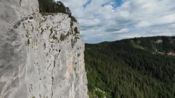 Flygfoto filmiska skott hög hastighet sport fpv drönare flyger över naturliga berg klippa omgiven Fantastisk natur stenig terräng med grön vegetation och skog på molnig dag. — Stockvideo