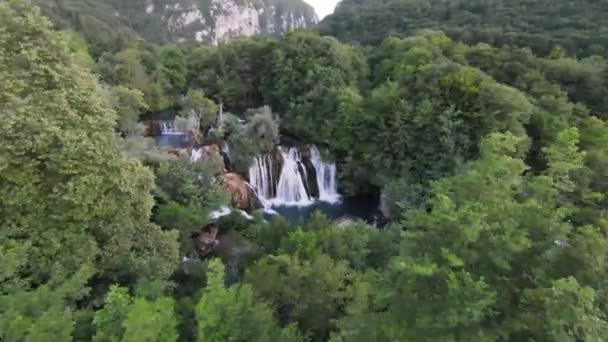 Eerste-persoon vlucht in een diepe canyon boven een berg rivier tussen struiken van bamboe, rododendrons bedekt mos — Stockvideo