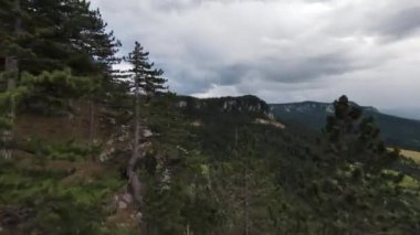 Hava sineması, yüksek hızlı fpv drone 'u doğal dağ uçurumunun üzerinde uçarken çekti. Bulutlu bir günde yeşil bitki örtüsü ve ormanla çevrili muhteşem doğa kaya arazisi.. 