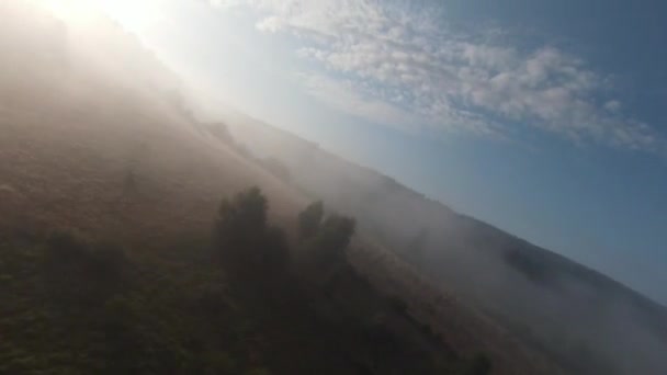 Extreme nauwe vlucht over boomtoppen in de mistige bosochtend. Luchtfoto op fpv sport drone boven wolken natuur dal landschap met berg heuvelachtig terrein. Dynamisch cinematografisch beeld. — Stockvideo