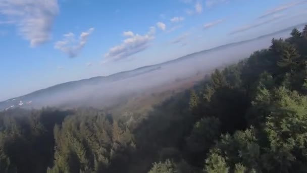 Niezwykle bliski lot nad wierzchołkami drzew w mglisty leśny poranek. Strzał z powietrza na fpv sport drone nad chmurami krajobraz doliny przyrody z pagórkowatym terenem. Dynamiczny widok kinowy. — Wideo stockowe
