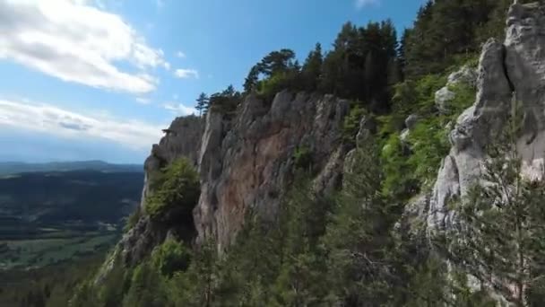 Flygfoto filmiska skott hög hastighet sport fpv drönare flyger över naturliga berg klippa omgiven Fantastisk natur stenig terräng med grön vegetation och skog på molnig dag. — Stockvideo