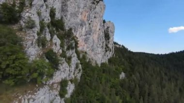 Hava sineması, yüksek hızlı fpv drone 'u doğal dağ uçurumunun üzerinde uçarken çekti. Yeşil bitki örtüsüyle inanılmaz doğa kayalık araziyi kuşattı.. 