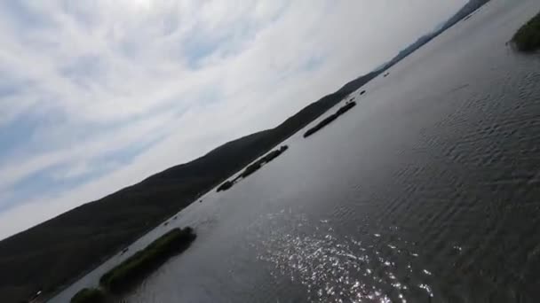 Cenário de tirar o fôlego da vida selvagem. FPV aéreo rápido voando ao longo do lago, céus azuis brilhantes no fundo um dia ensolarado de verão. — Vídeo de Stock