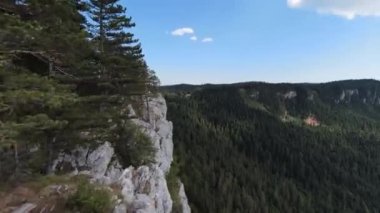 Hava sineması, yüksek hızlı fpv drone 'u doğal dağ uçurumunun üzerinde uçarken çekti. Yeşil bitki örtüsüyle inanılmaz doğa kayalık araziyi kuşattı.. 