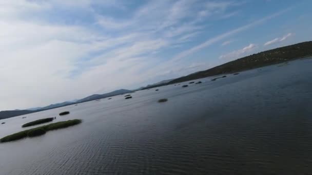 Adembenemend landschap van een drones FPV langs het meer, heldere blauwe luchten op de achtergrond een zonnige zomerdag. — Stockvideo