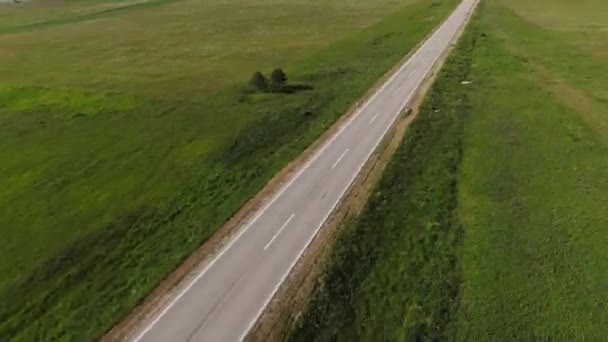 Voando rápido drone FPV ao longo da estrada do país em um belo dia ensolarado em um prado verde perto da grama e folhagem das árvores — Vídeo de Stock