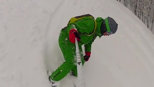 Ski sport man downhill at winter with slow motion — Stock Video