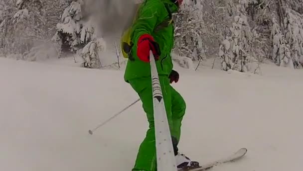 Ski sport man downhill at winter with slow motion — Stock Video