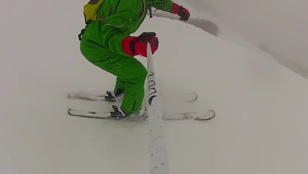 Ski sport man downhill at winter with slow motion — Stock Video