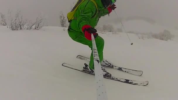 Ski sport man downhill at winter with slow motion — Stock Video