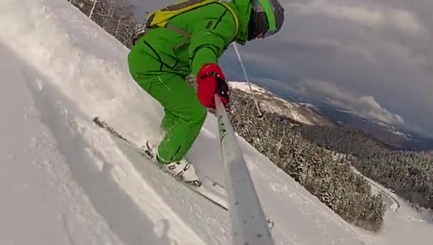 Ski sport man downhill at winter with slow motion — Stock Video