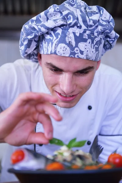 Chef decorating fish meal — Stock Photo, Image