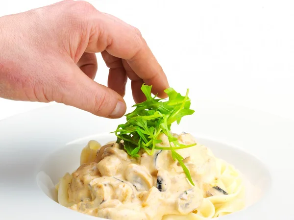 Pasta with shrimps, herbs and mashrooms — Stock Photo, Image