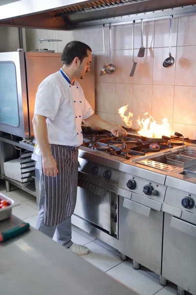 Handsome Chef Dressed White Uniform Cooking Kitchen — Stock Photo, Image