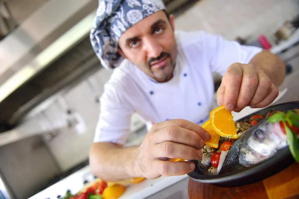 Chef and fish meal — Stock Photo, Image