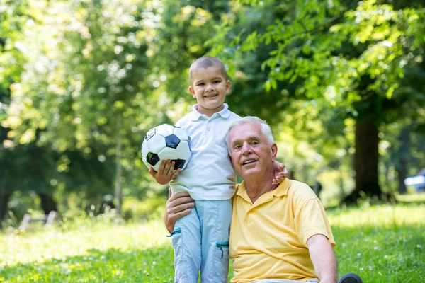 Happy grandfather and child in park