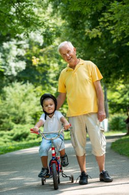 Mutlu büyükbaba ve çocuk güzel güneşli bir günde parkta eğlenip oynuyorlar.