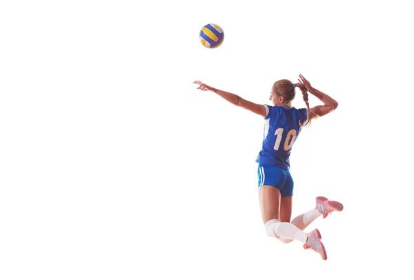 Volleyball woman jump and kick ball — Stock Photo, Image