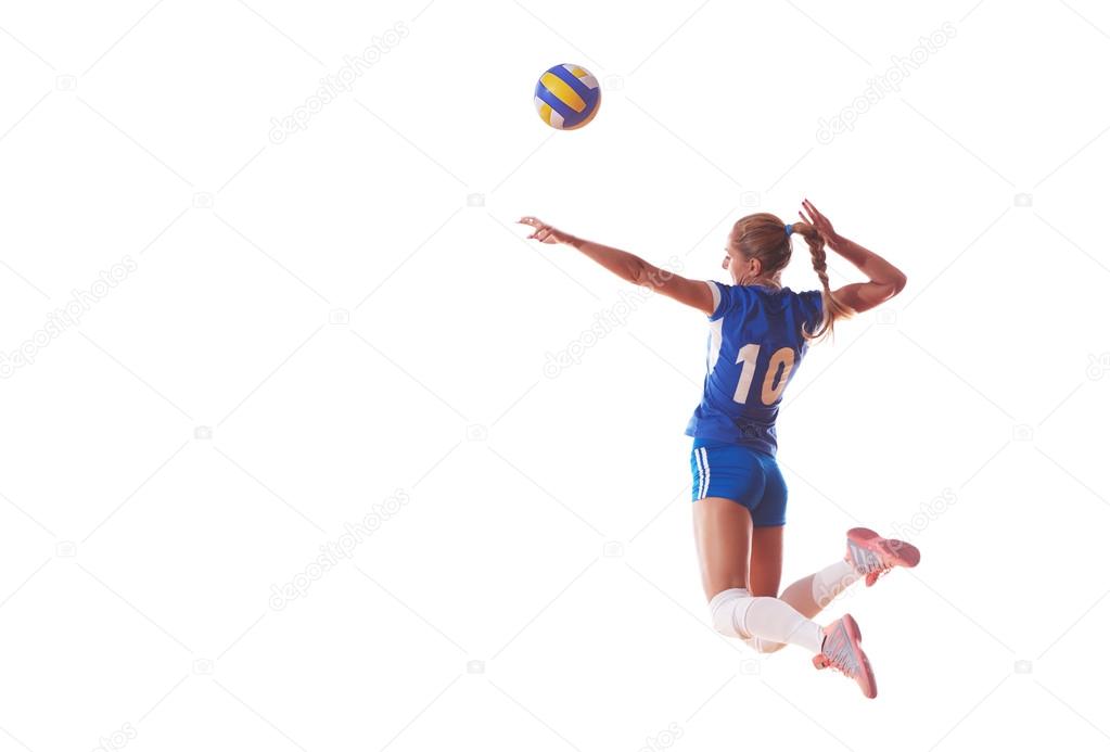 Volleyball woman jump and kick ball