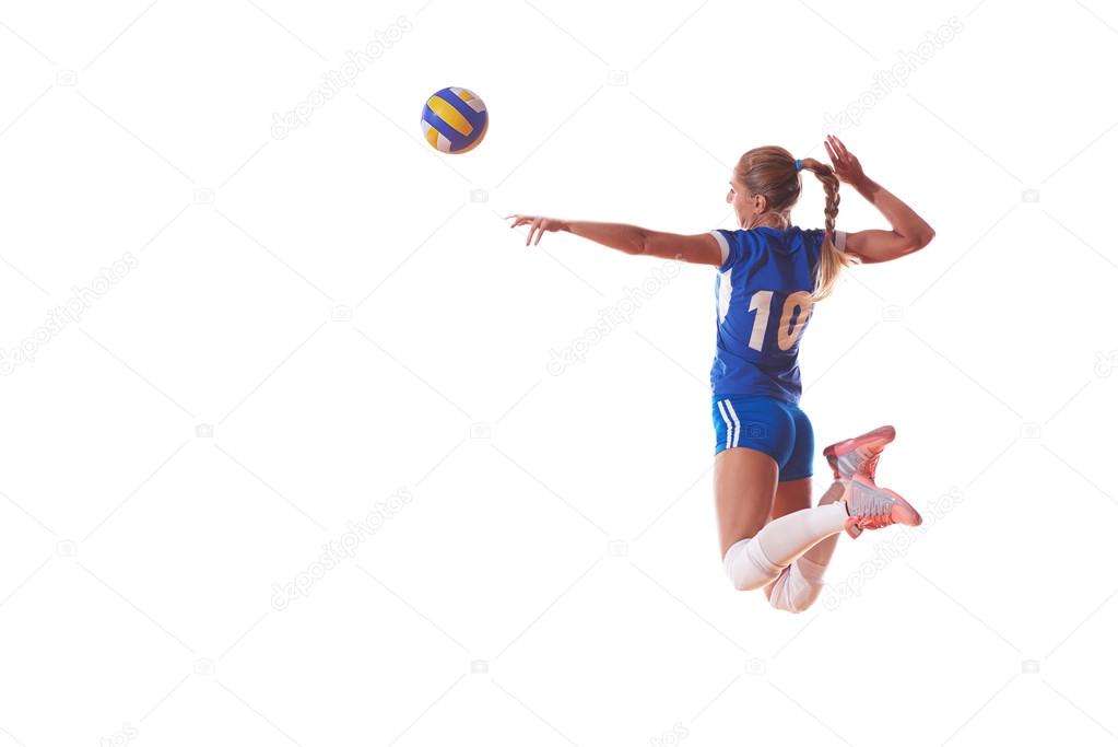 Volleyball woman jump and kick ball