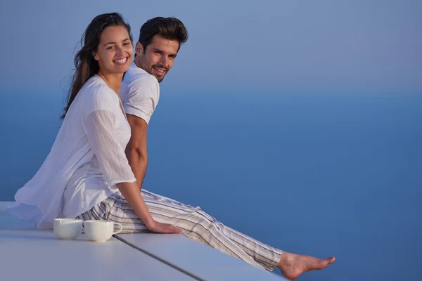 Happy Young Romantic Couple Relaxing Modern Home Outdoor Terrace — Stock Photo, Image