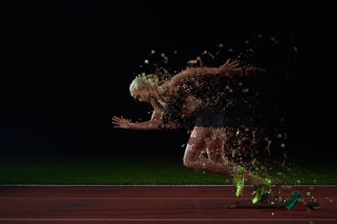 kadın sprinter başlayan blok bırakarak pixelated tasarımı