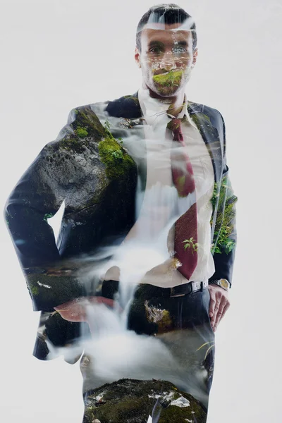 Double exposure of business man and creek in forest background — Stock Photo, Image