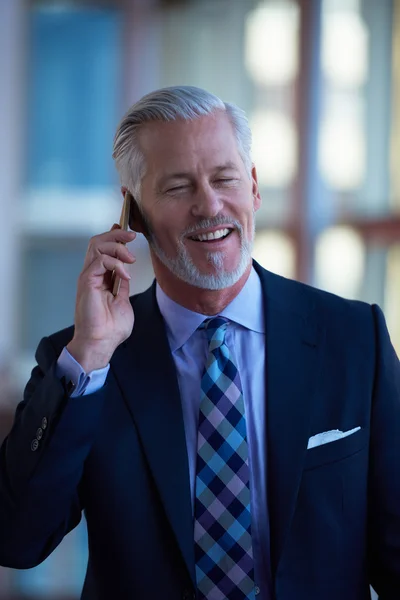 高級ビジネスマンは現代の明るいオフィスのインテリアで携帯電話で話す — ストック写真