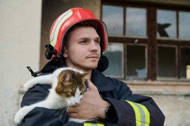 Bir itfaiyeci hasarlı bir binadan bir kediyi kurtarır. Cesur kurtarıcı bir kask ve üniforma giyiyor. Hayvana şefkat ve ilgi gösteriyor. Kahramanlık ve hayvan temalarını resmetmek için mükemmel.