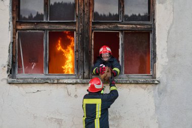 Bir itfaiyeci yanan bir binadan bir bebeği kurtarıyor. İtfaiyeci harekete geçti, çocuğu acil durumdan kurtardı. Bu görüntü cesaret ve kurtarma temalarını göstermek için kullanılabilir.