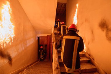İtfaiyecilerden oluşan bir ekip yangın ve dumanla kaplanmış bir merdivene cesurca tırmanarak acil durum müdahalesi ve yangın emniyetine olan bağlılıklarını gösterdiler. Bu görüntü, yoğunluğu ve cesareti yakalar.