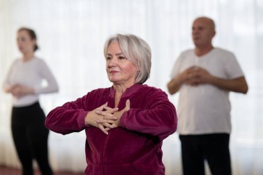 Spor giyimli aktif yaşlı bir kadın grup fitness ya da rehabilitasyon seansı sırasında kollarını öne uzatıyor. Sağlıklı yaşlanma, sağIık, esneklik ve aktif kıdemli yaşam tarzı kavramı