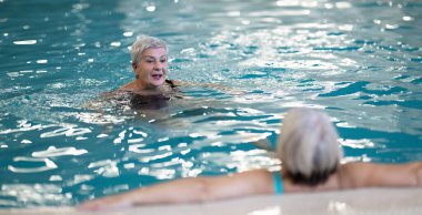 İki son sınıf öğrencisi, havuzda havuza yaslanmış, boş zamanlarının tadını çıkarıyorlar. Arkadaşlık, refah, aktif yaşam tarzı, rahatlama ve sağlıklı yaşlanma kavramı.